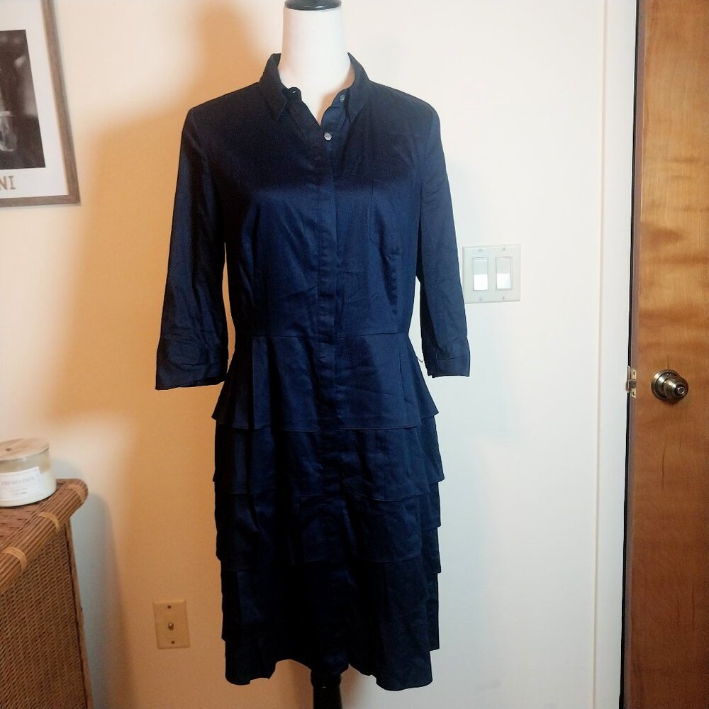 VINCE CAMUTO sz 10 NAVY BLUE SHIRT DRESS w/ RUFFLE SKIRT and 3/4 SLEEVES